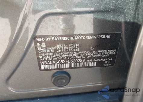 2015 BMW 528I из США, поврежденный, VIN WBA5A5C5XFD520289